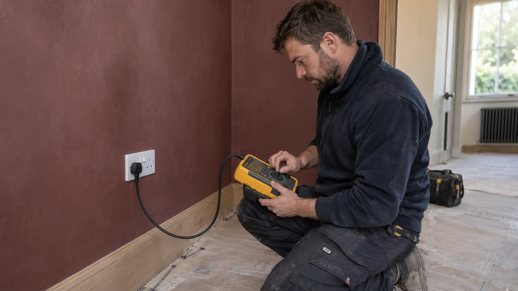 Electrician checking a socket circuit with a yellow multifunction installation tester facing towards him