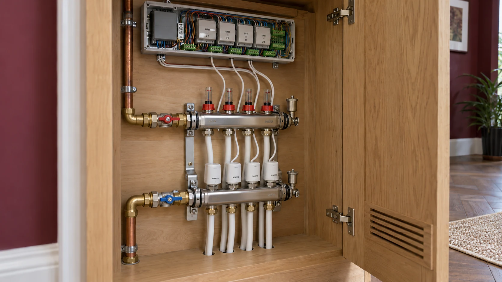 Heating wiring centre above a four-circuit manifold with connected actuator cables and pipework