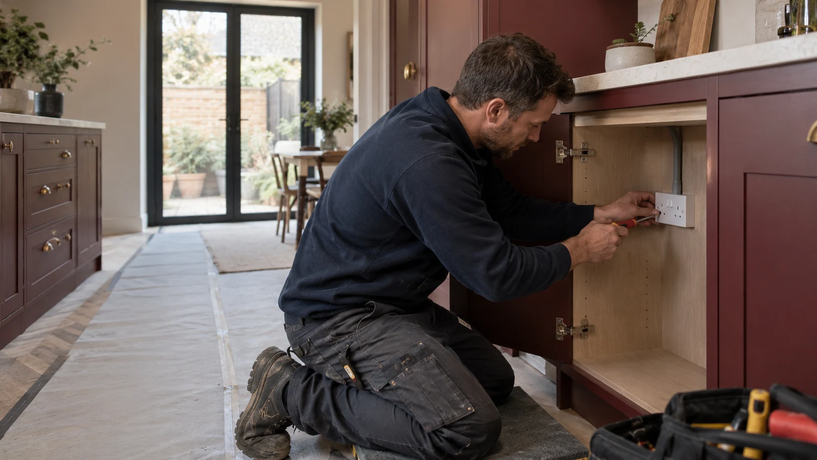 Electrician securing an accessible appliance socket inside an open kitchen base cabinet