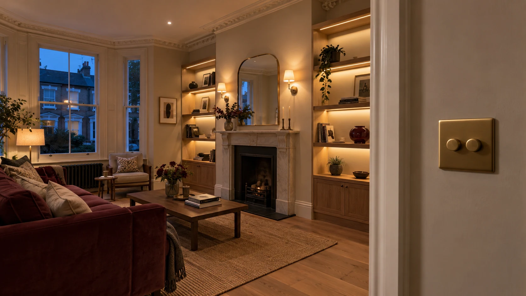 Layered lighting in a period living room with illuminated oak shelving and a wall-mounted dimmer