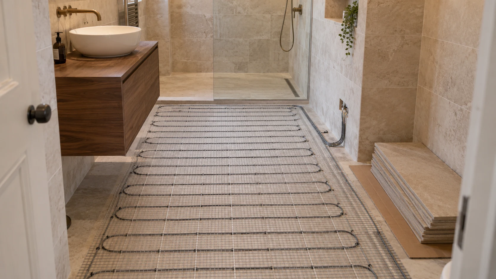 Electric underfloor heating mat laid in the clear floor area of a bathroom before tiling