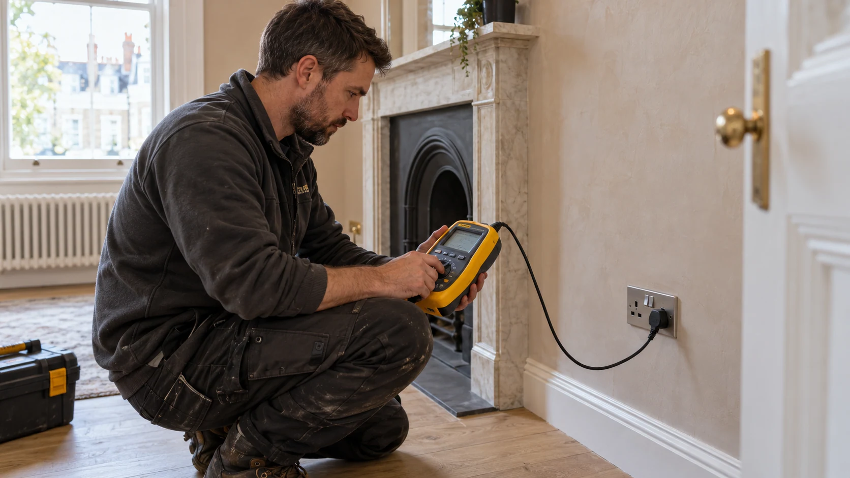 Electrician using a yellow installation tester connected to a UK socket during final checks