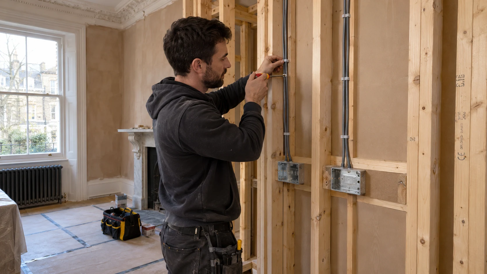 Electrician routing sheathed cables to socket back boxes in an open stud wall during a flat refurbishment