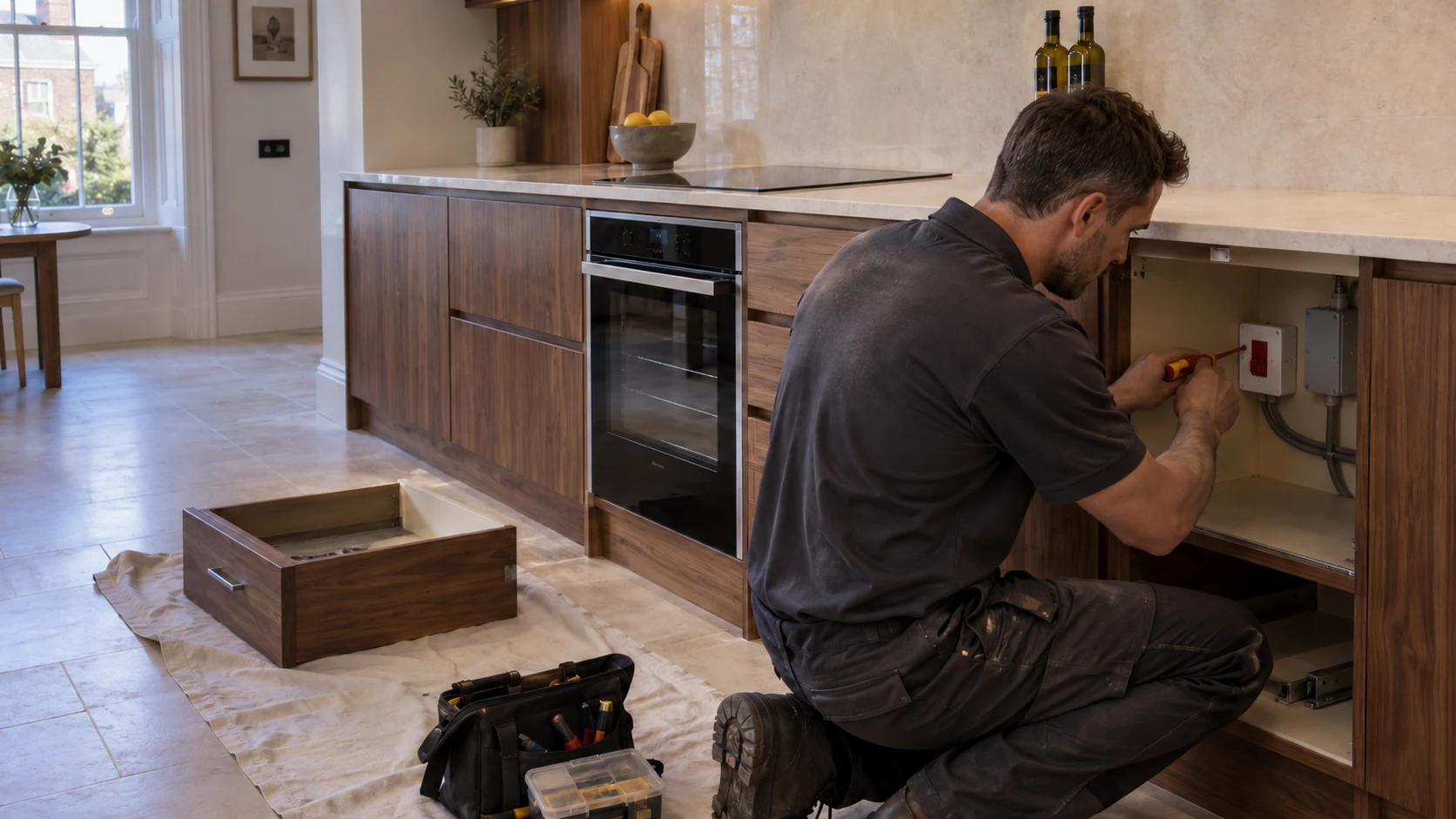 Electrician fitting an accessible appliance connection in a walnut kitchen during refurbishment