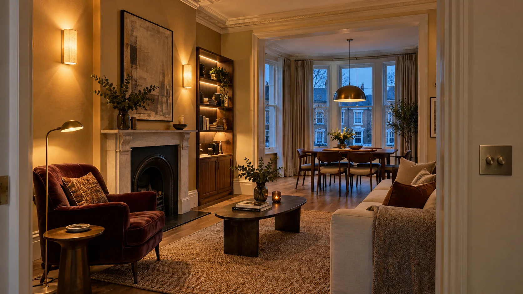Layered wall, pendant and joinery lighting in a warm-toned London living and dining room