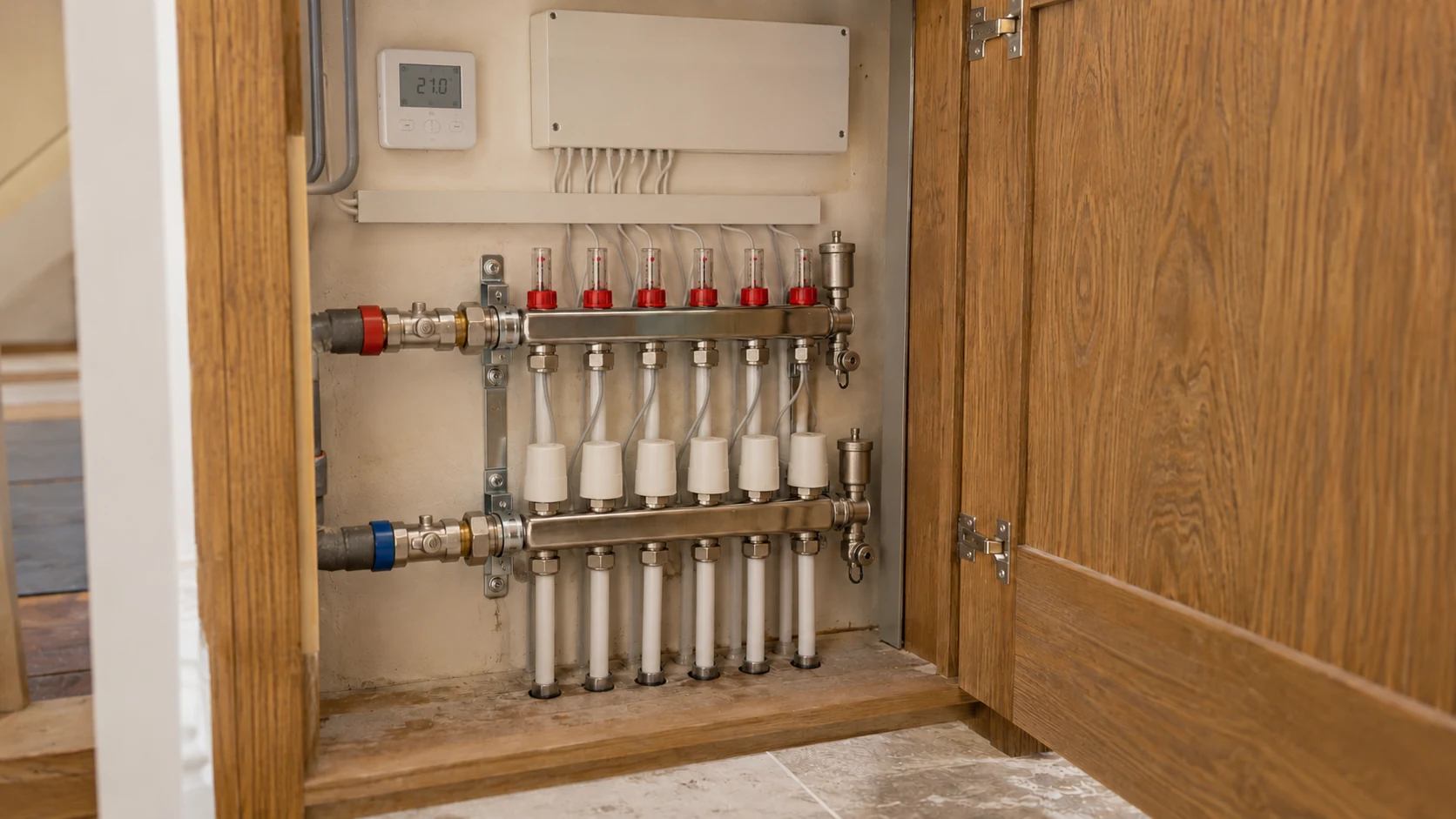 Underfloor heating manifold with actuators and neatly routed cables to a wall-mounted wiring centre