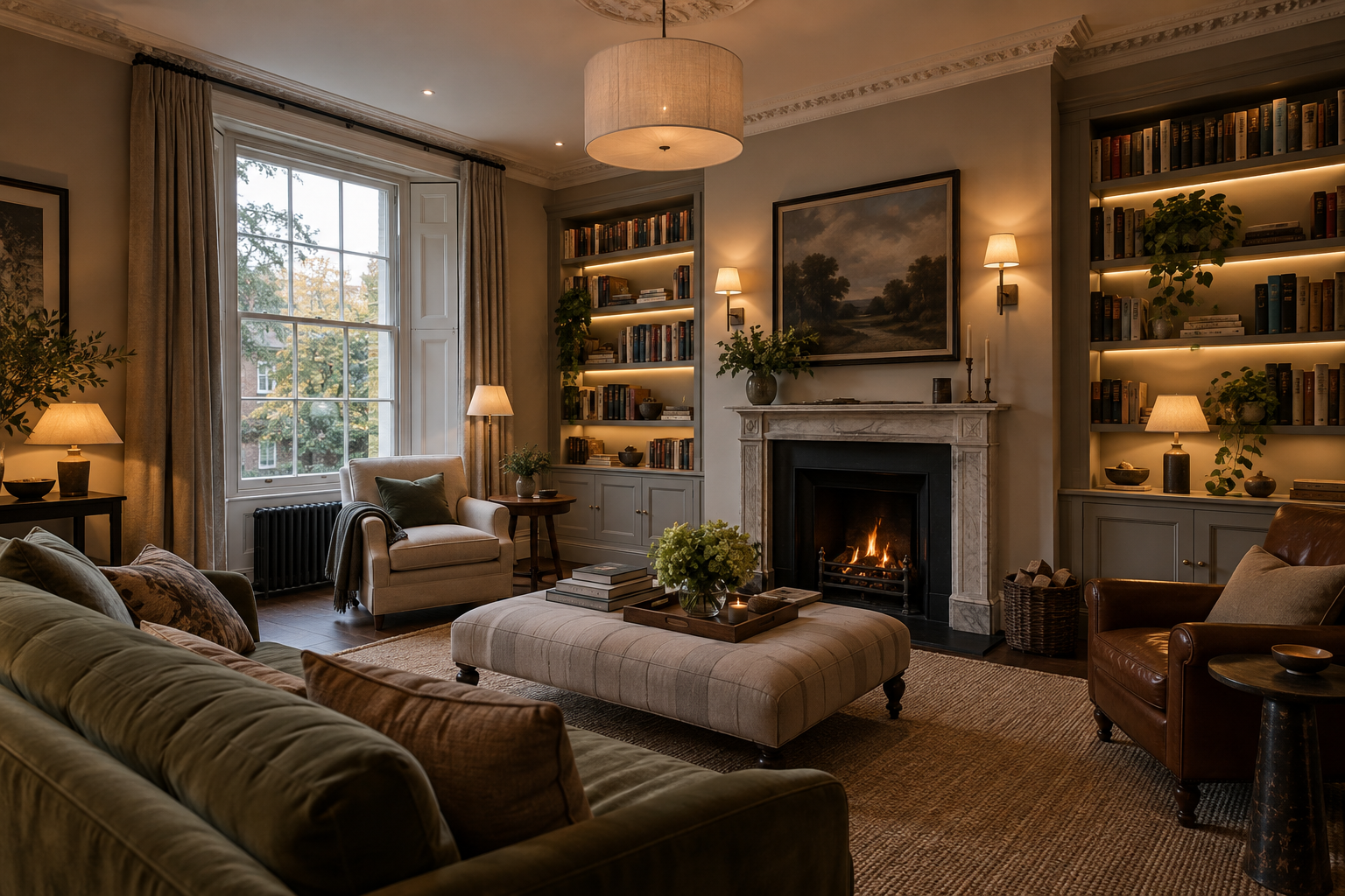 Completed Hampstead drawing room with integrated architectural and joinery lighting