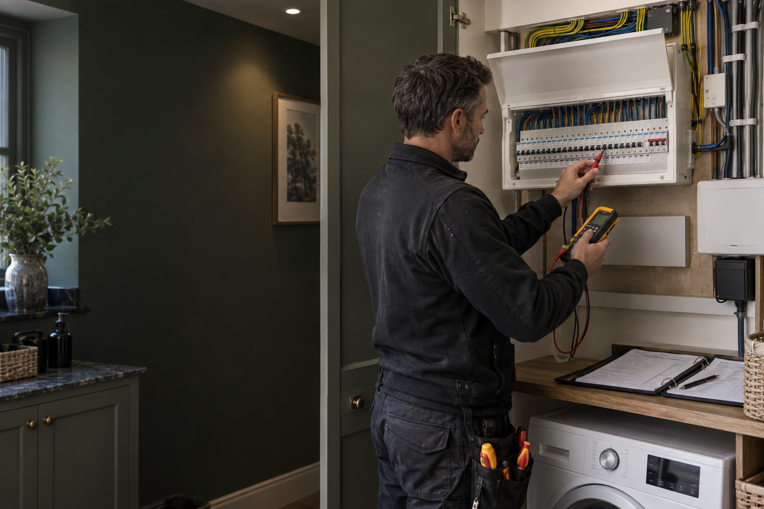 Electrician testing a modern consumer unit in a Hampstead home