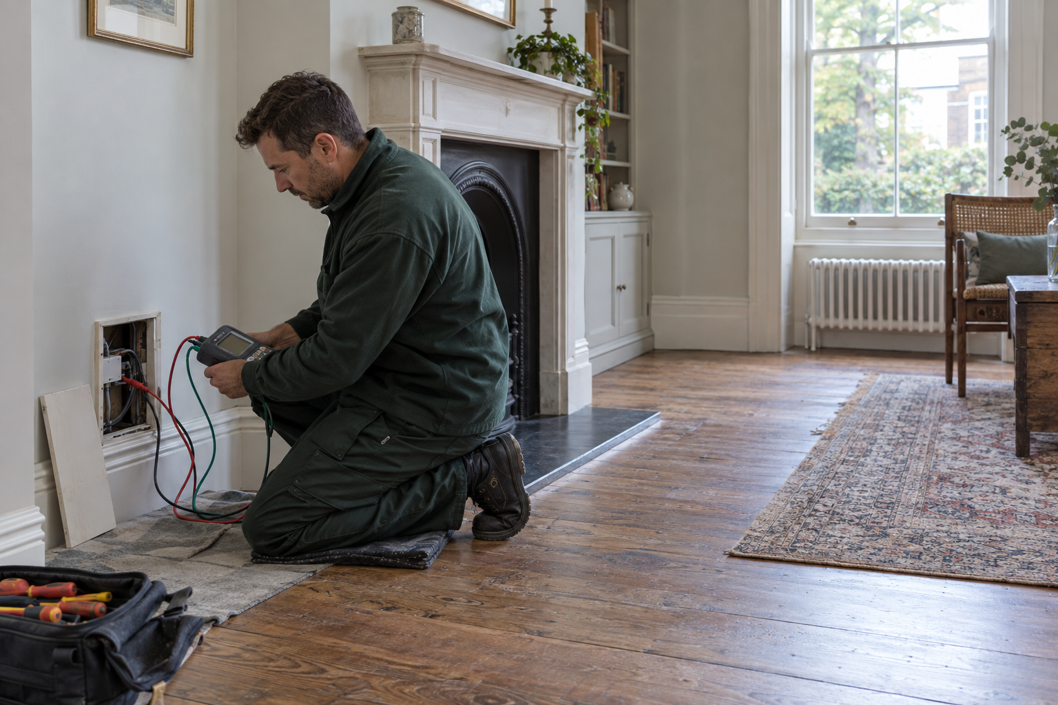 Electrician assessing an existing electrical installation in a Hampstead period home