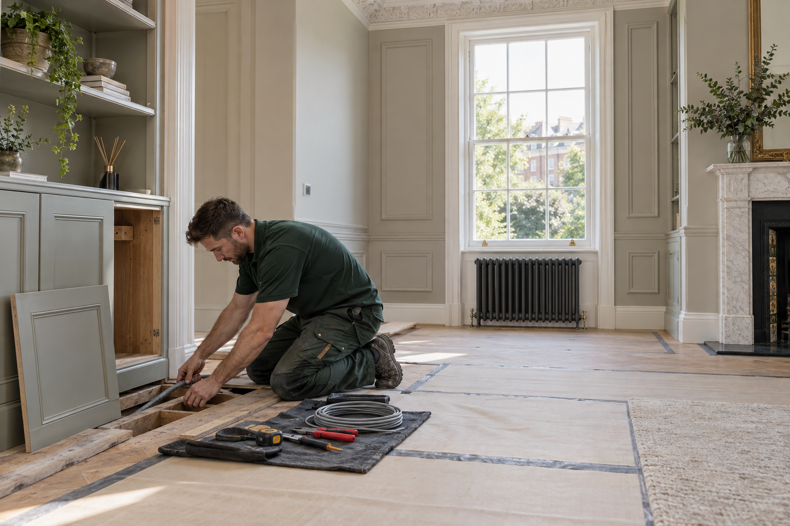 Electrician planning a cable route beside retained timber flooring and joinery in Hampstead