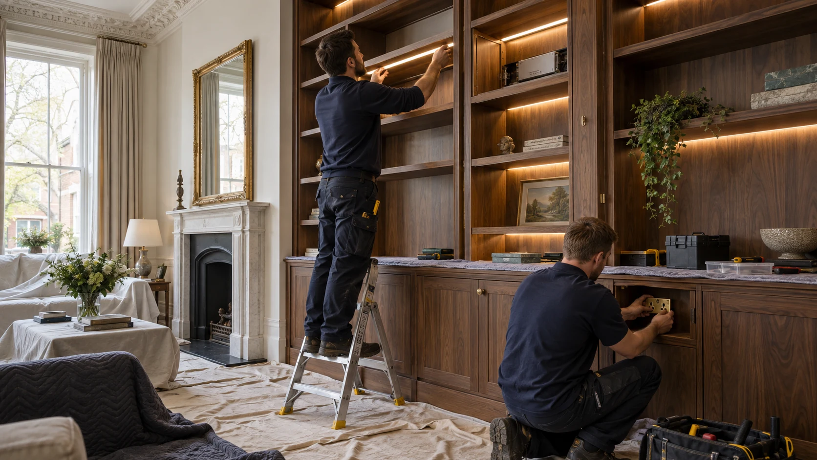Electricians integrating lighting and power into bespoke Kensington joinery