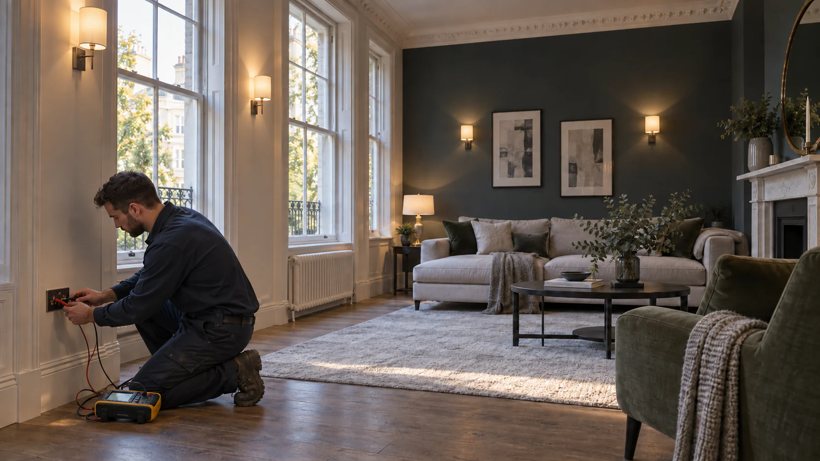 Electrician carrying out final electrical testing in a completed Maida Vale interior
