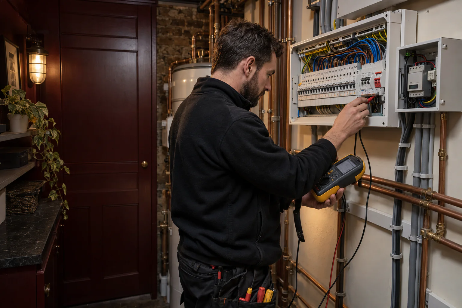 Electrician testing residential distribution and controls in a Notting Hill home