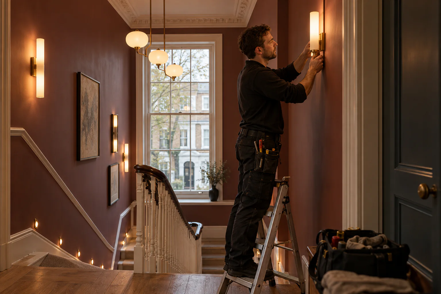 Electrician installing architectural wall lighting in a Notting Hill townhouse