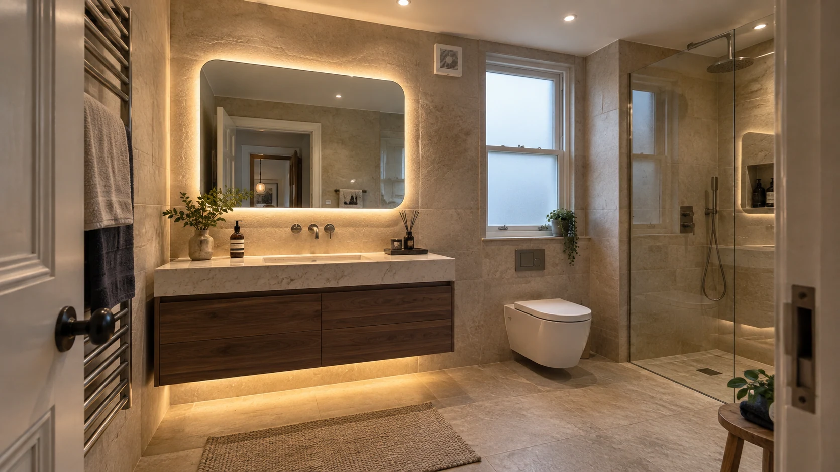 Bathroom with backlit mirror, illuminated vanity, recessed ceiling lights and a high-level extractor grille