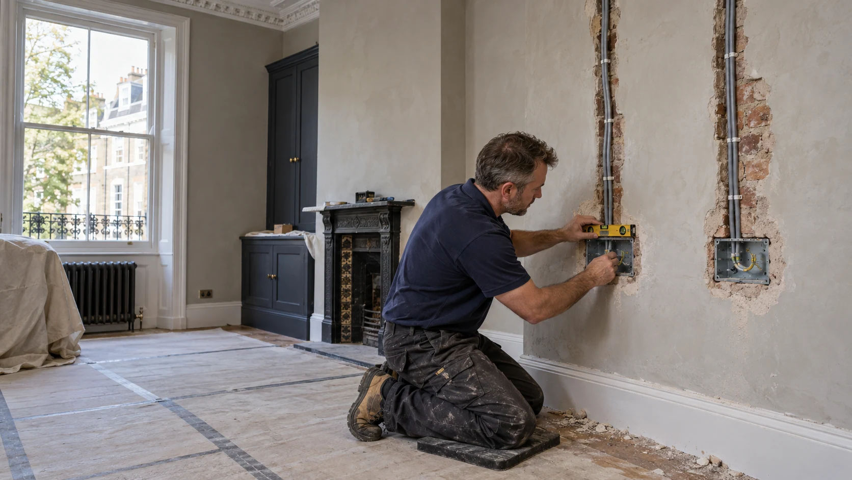 Electrician levelling a recessed electrical back box beneath vertical cable routes during a room refurbishment