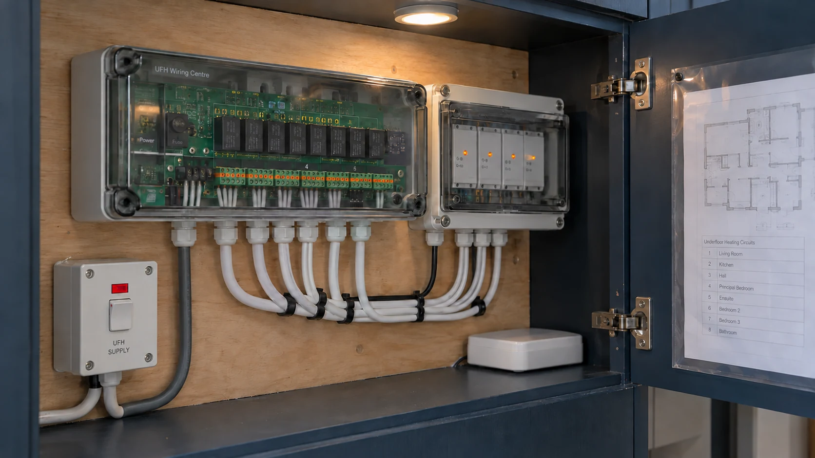 Heating wiring centre and interface modules behind protective covers inside a service cupboard