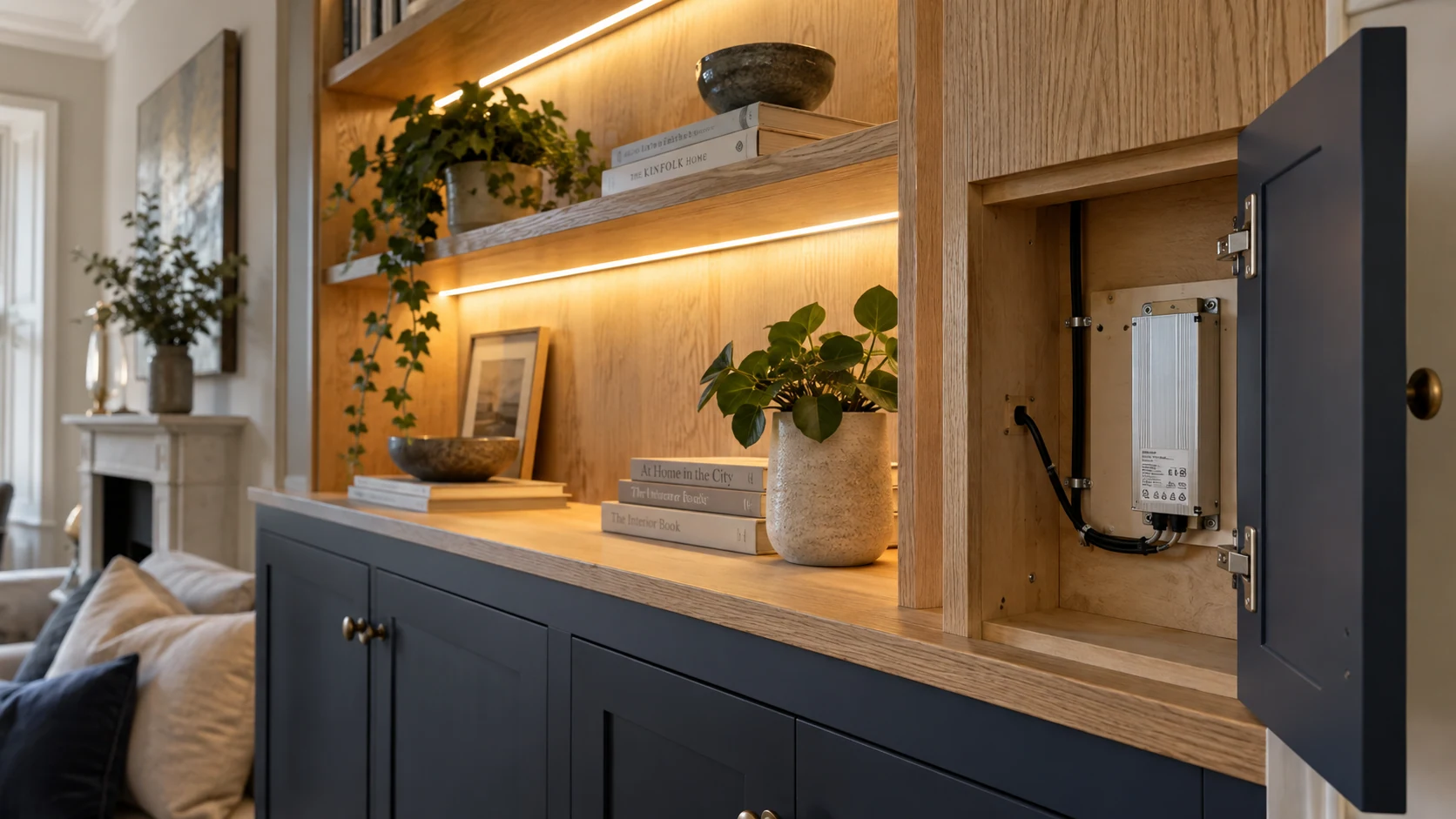 Illuminated oak shelving beside an open service compartment containing an enclosed LED power supply