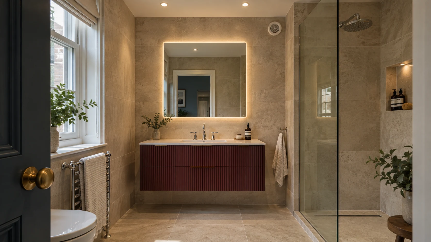 Bathroom with illuminated mirror, recessed lighting and high-level extraction