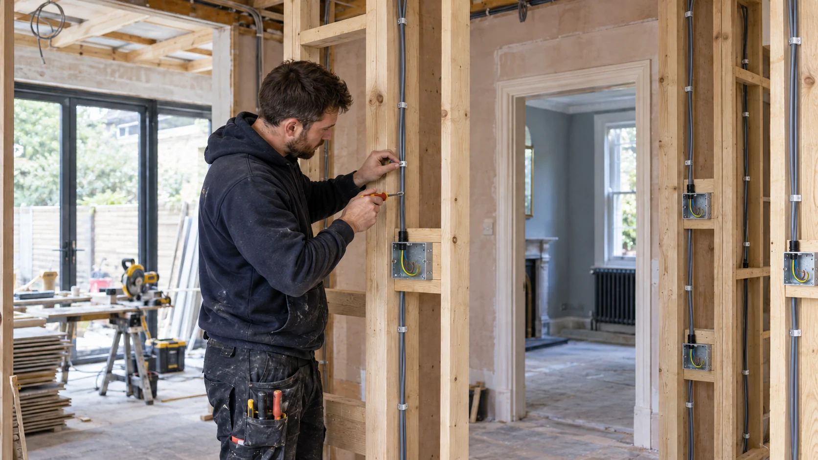 Electrician securing cable routes to timber framing during an extension first fix