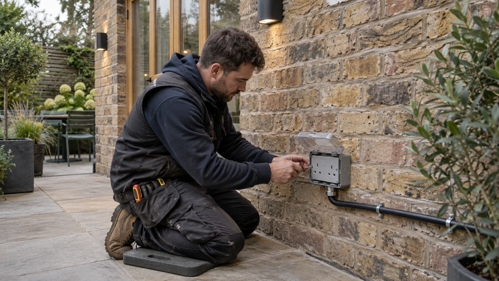 Electrician installing a weatherproof outdoor socket on a London garden terrace