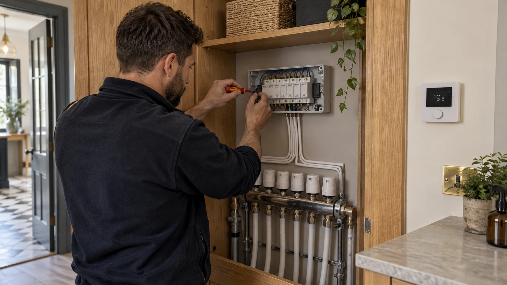 Electrician connecting a heating wiring centre above an underfloor heating manifold