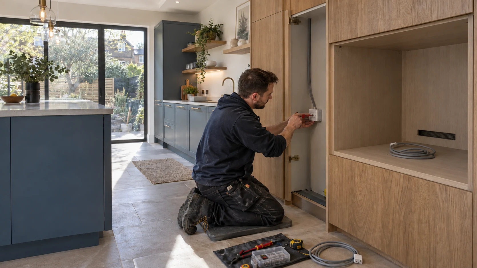 Electrician fitting an accessible appliance connection in an oak and blue kitchen
