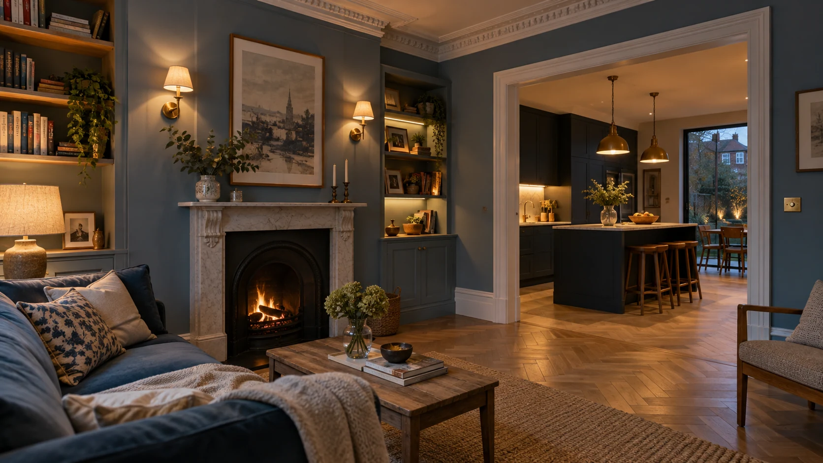 Layered lighting linking a period sitting room with a modern kitchen extension