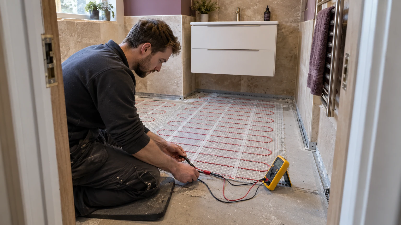 Electrician checking an electric underfloor heating mat before bathroom tiling