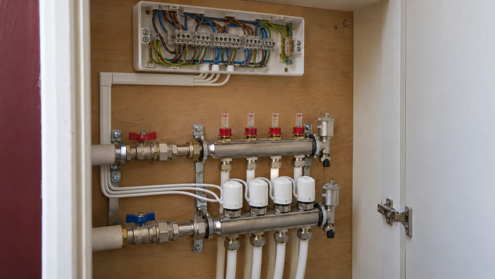 Heating control wiring centre above an underfloor heating manifold with connected actuators