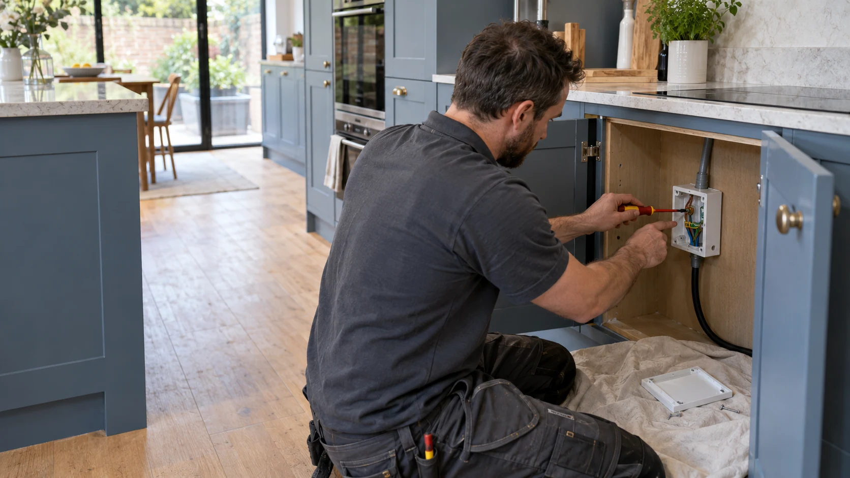 Electrician connecting an accessible cooker outlet during a kitchen refurbishment