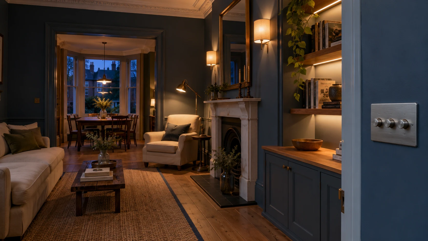 Layered lighting and wall controls in a refurbished period living room
