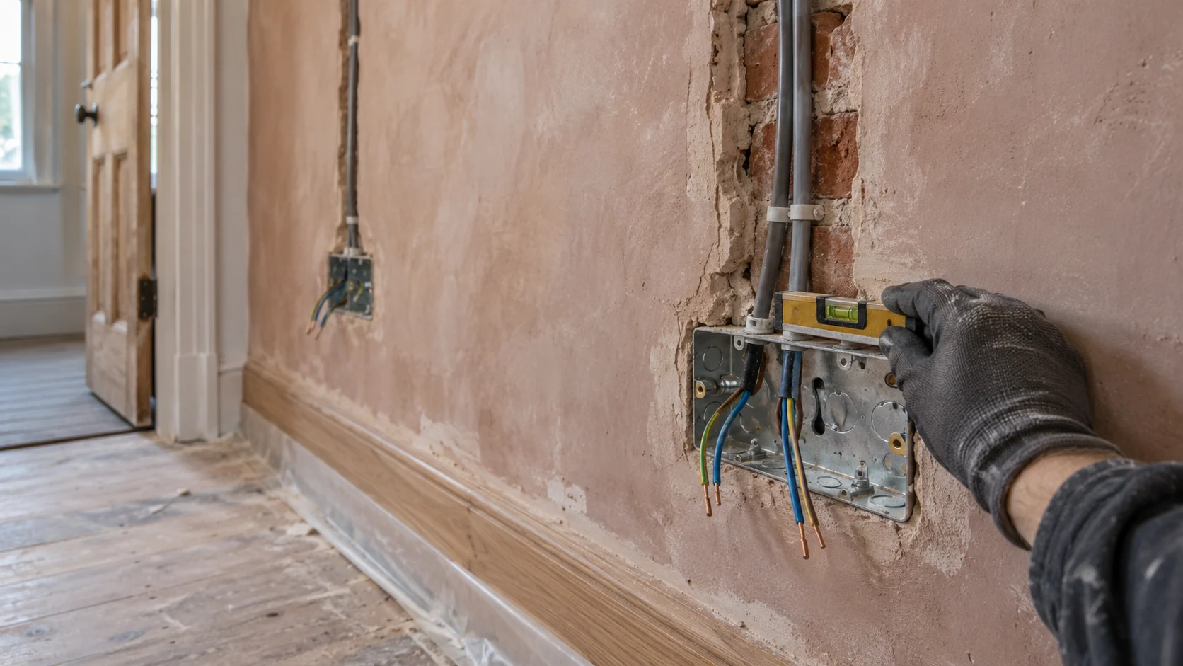 New socket circuit cables and metal back boxes installed during a residential refurbishment