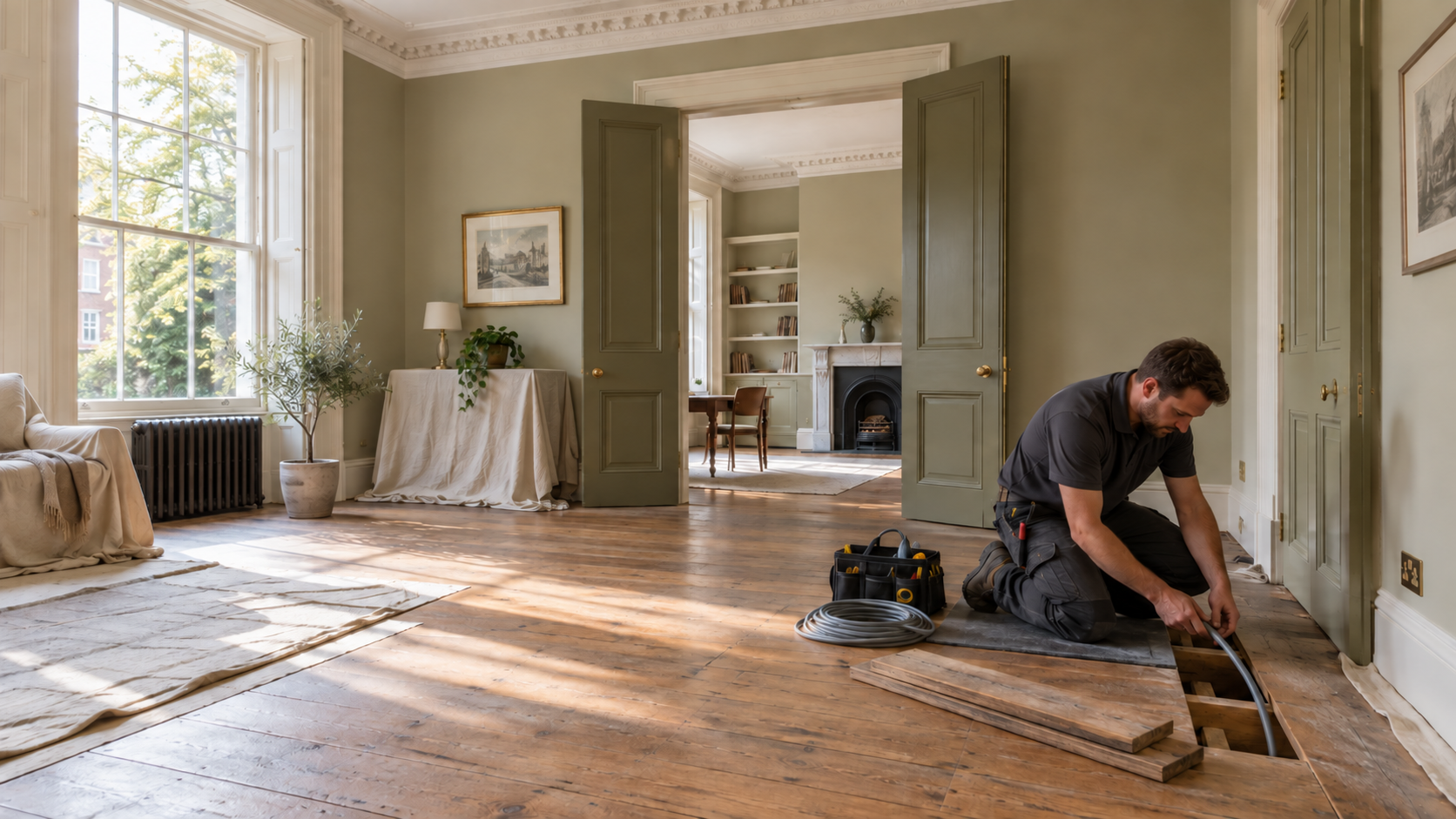 Electrician guiding a sheathed cable through a carefully opened timber floor in a period reception room
