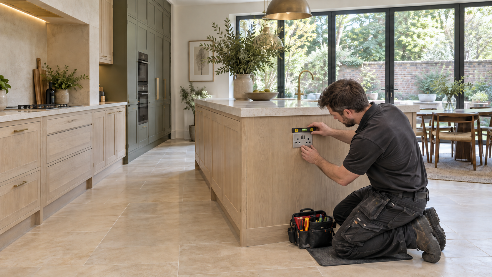 Electrician checking the alignment of a British double socket fitted into a bespoke kitchen island