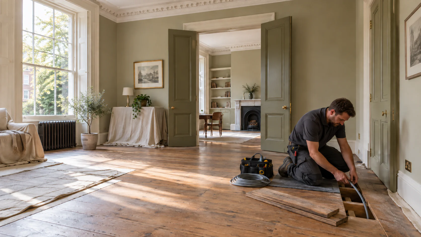 Electrician guiding a sheathed cable through a carefully opened timber floor in a period reception room