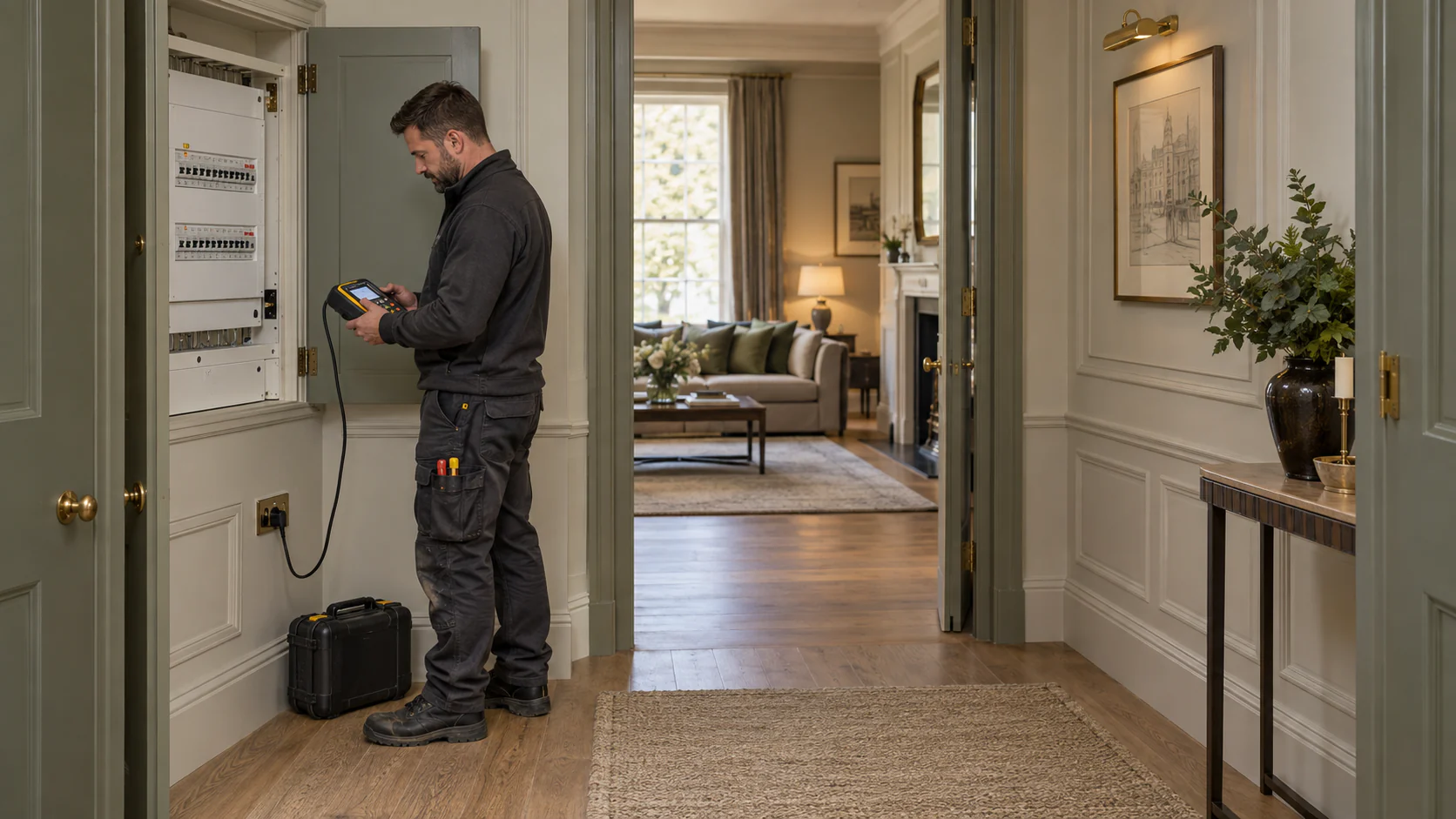 Electrician using an installation tester beside a domestic consumer unit in a period apartment hallway