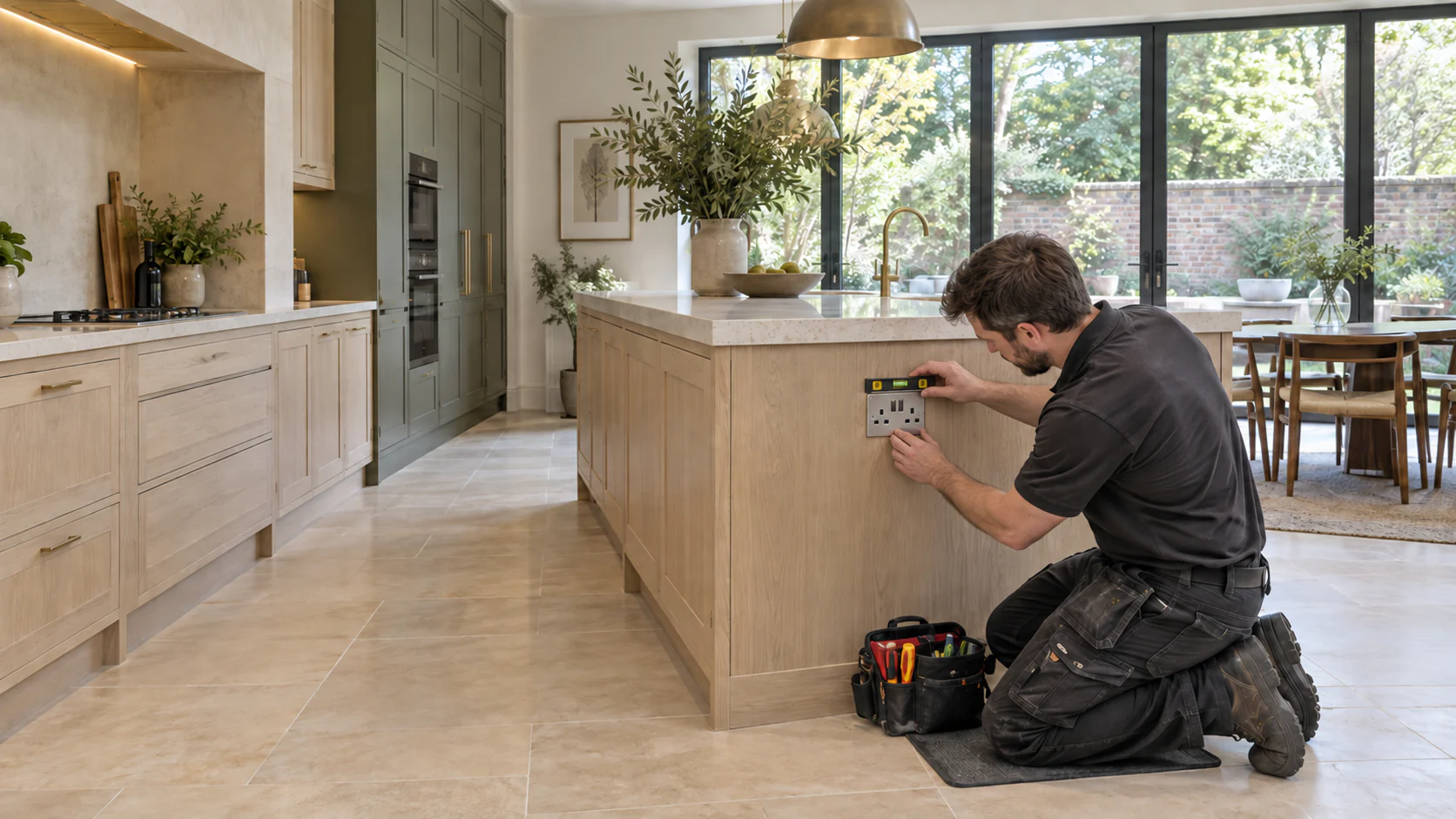 Electrician checking the alignment of a British double socket fitted into a bespoke kitchen island