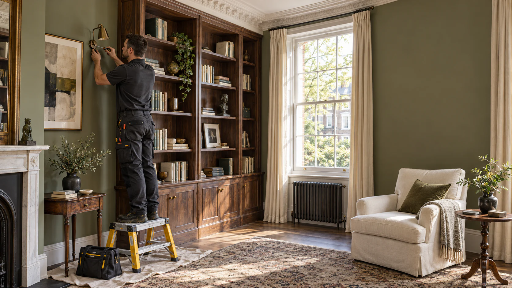 One electrician fitting a bronze reading light beside walnut bookshelves in an olive-green library
