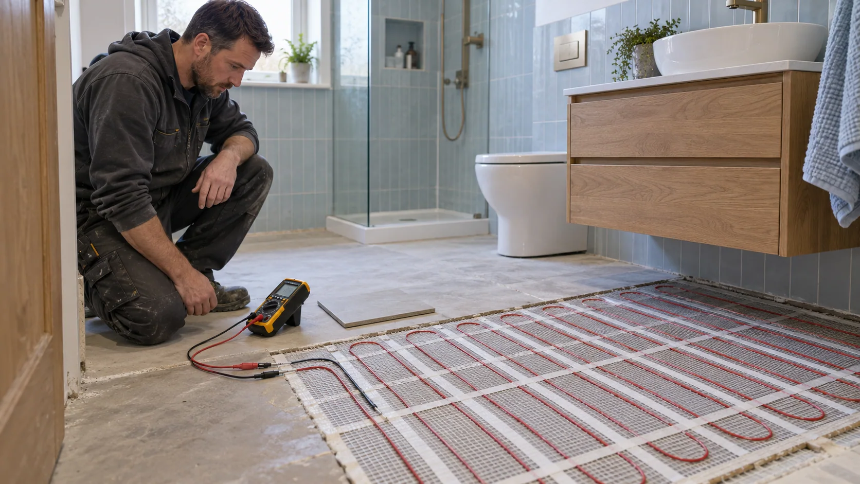Electrician checking an unpowered electric floor-heating mat before bathroom tiling