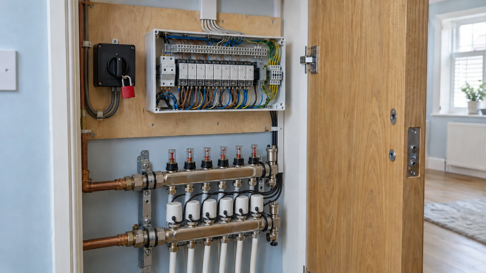 Heating wiring centre with neatly routed control cables above an underfloor heating manifold