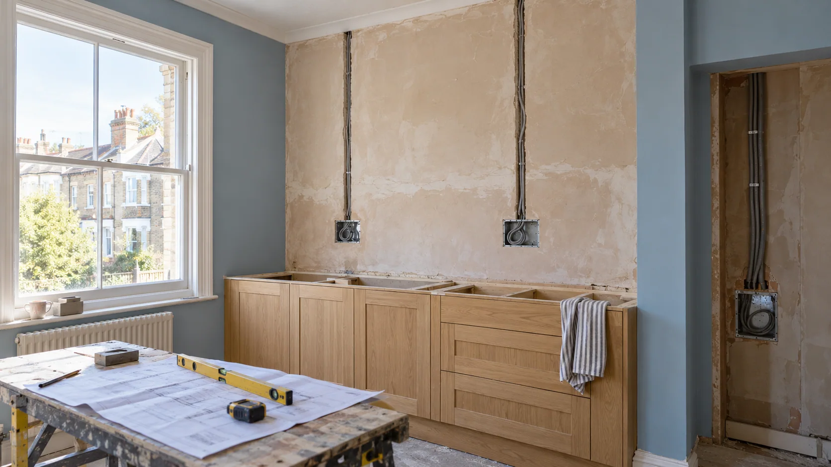 Kitchen electrical first fix with recessed back boxes and planned cable routes before finishing