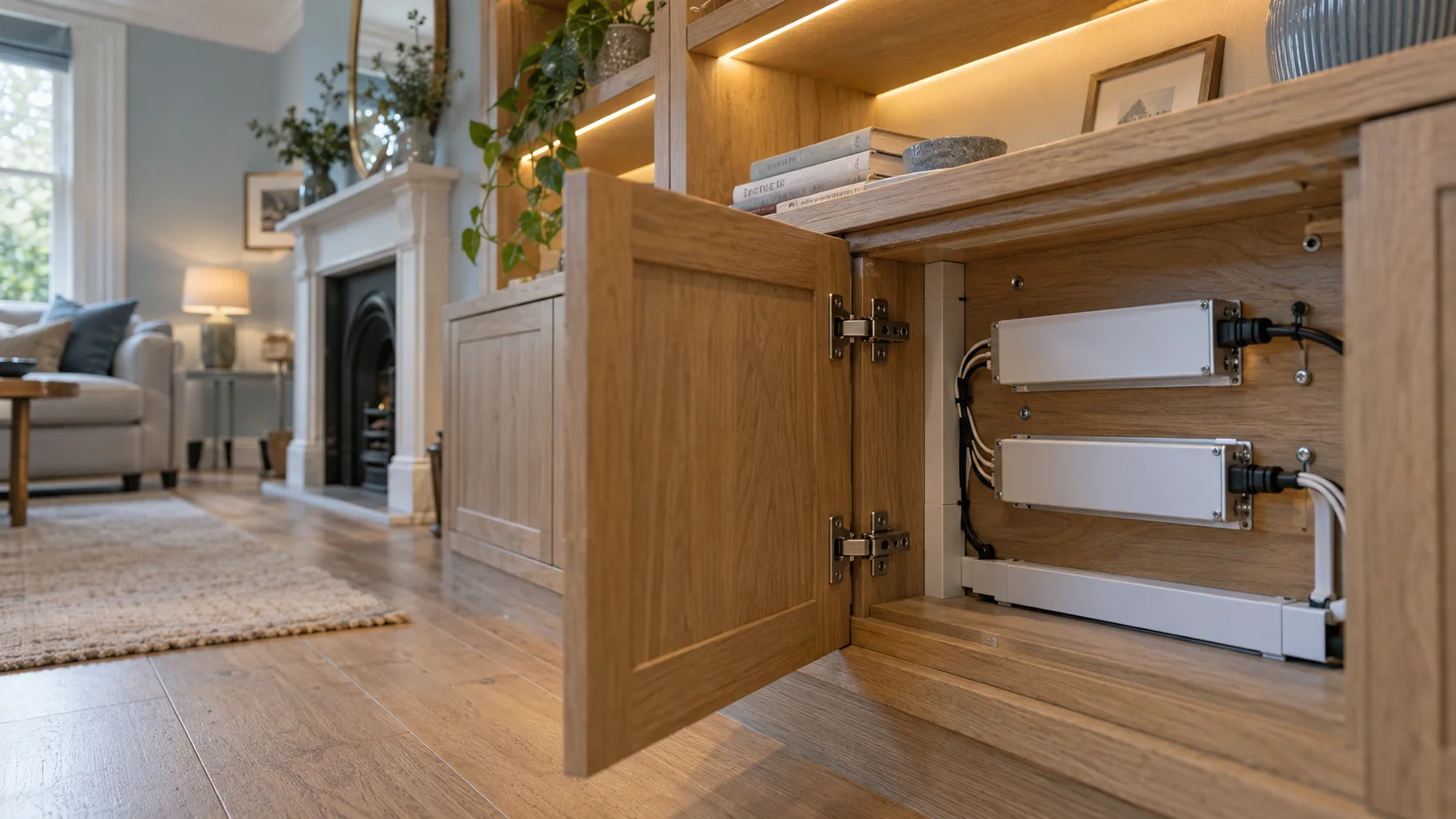 Accessible lighting driver compartment within oak joinery beside a softly lit living room