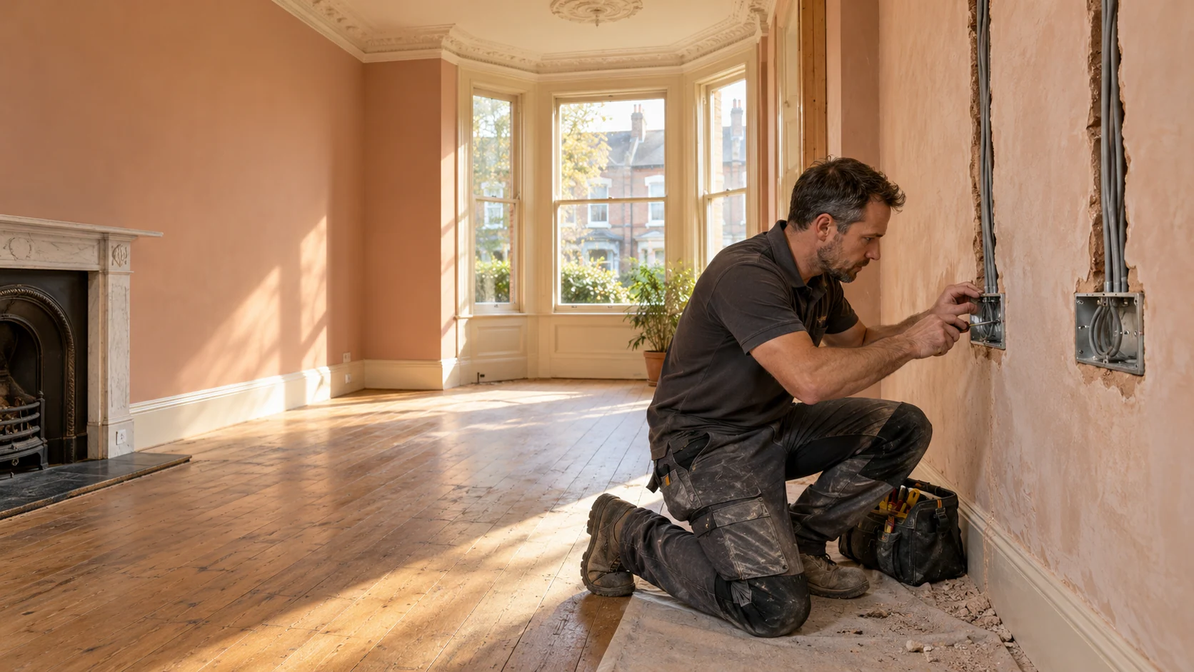 Electrician fitting recessed back boxes and first-fix cabling in a pastel-peach period interior during a house rewire.