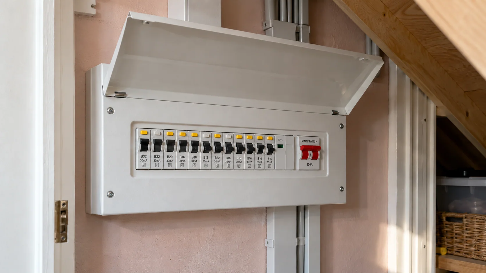 Modern metal consumer unit with circuit protection devices and tidy cable containment in a domestic service cupboard.