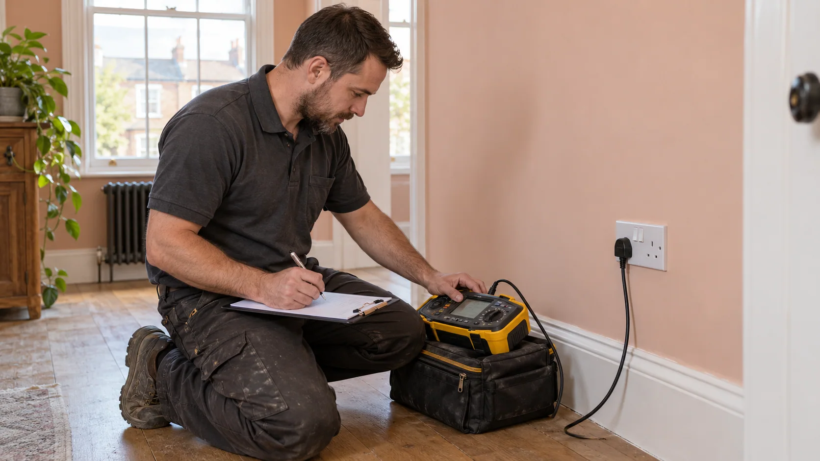 Electrician checking a multifunction installation tester connected to a finished UK socket during final electrical testing.