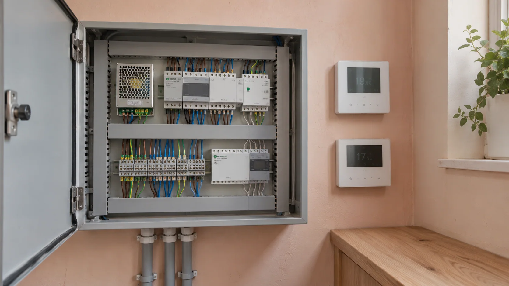 Heating control wiring cabinet with DIN-rail modules, organised cable ducts and adjacent room controls.