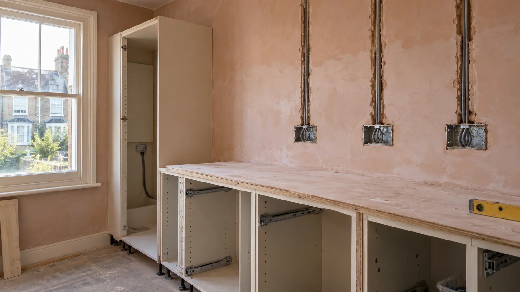 Kitchen electrical first fix with recessed back boxes and vertical cable routes before final wall finishes.
