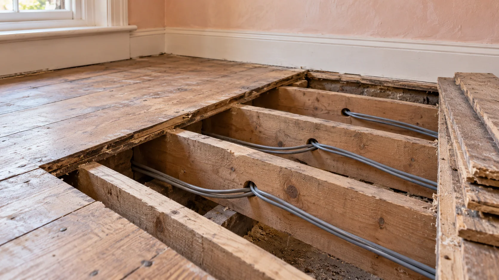 New electrical cables routed beneath lifted timber floorboards beside retained flooring in a period home.