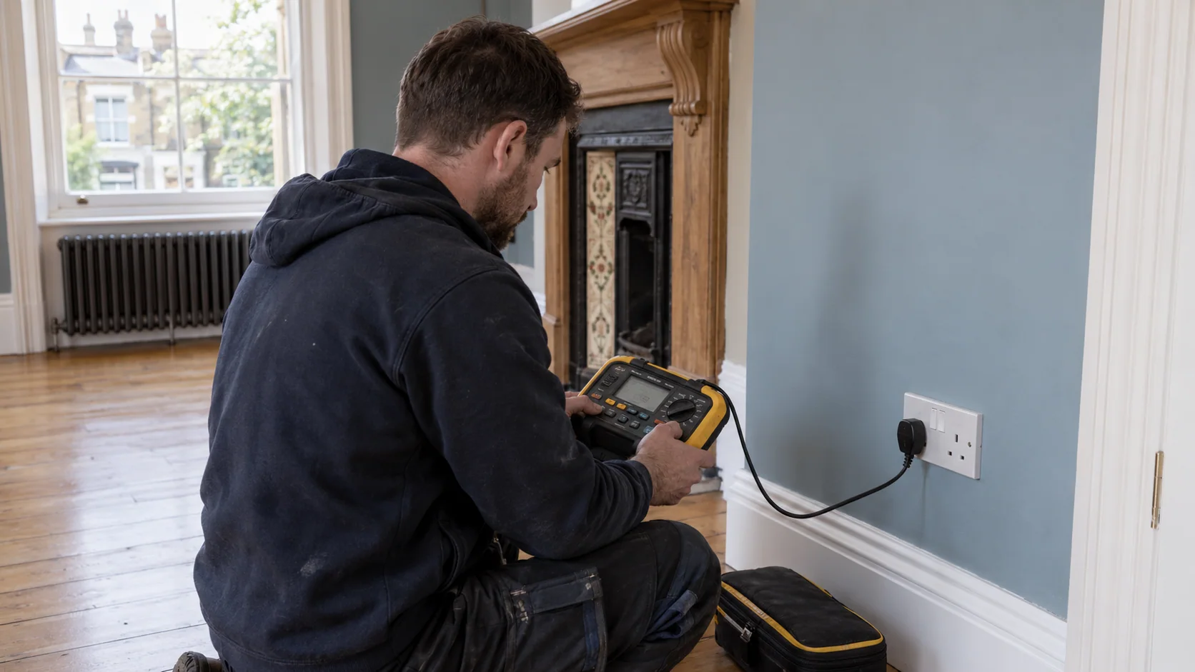 Electrician using a multifunction installation tester at a completed UK socket